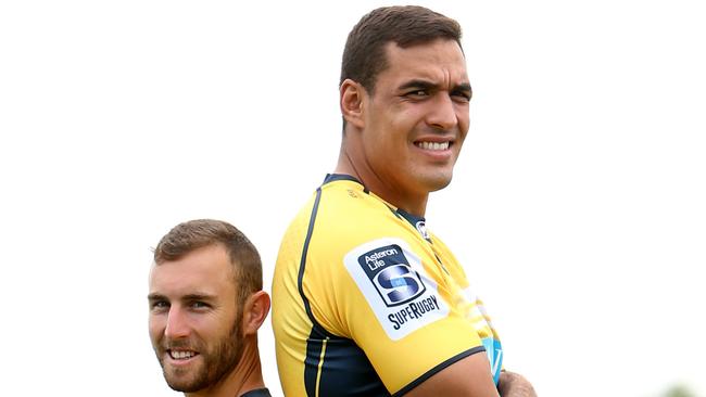 ****** DONT USE without permission of Daily Tele sports editor Adam Mobbs ***** Brumbies halfback Nic White with New Brumbies lock Rory Arnold, tallest player in Super Rugby at 208cm. At Brumbies Headquarters in Canberra.