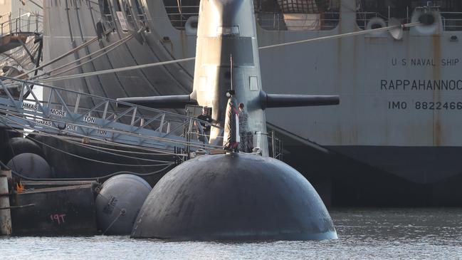 An Australian Collins Class sub at Hamilton in Brisbane yesterday. Pic Peter Wallis