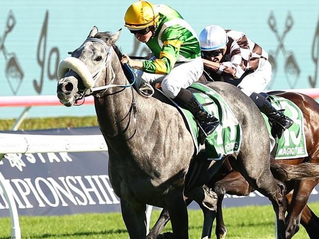 SYDNEY, AUSTRALIA - APRIL 06: Damian Lane riding Chain Of Lightning wins Race 7 James Squire T J Smith Stakes during Sydney Racing at Royal Randwick Racecourse on April 06, 2024 in Sydney, Australia. (Photo by Jeremy Ng/Getty Images)