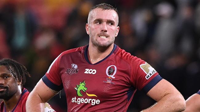 Izack Rodda of the Reds (right) reacts following the Round 15 Super Rugby match between the Queensland Reds and the Highlanders at Suncorp Stadium in Brisbane, Saturday, May 26, 2018. (AAP Image/Dave Hunt) NO ARCHIVING, EDITORIAL USE ONLY