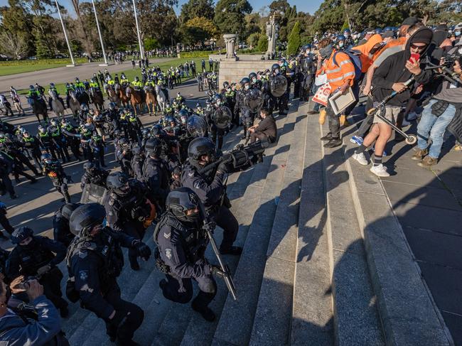 Appalling scenes at the Shrine of Remembrance. Picture: Jason Edwards