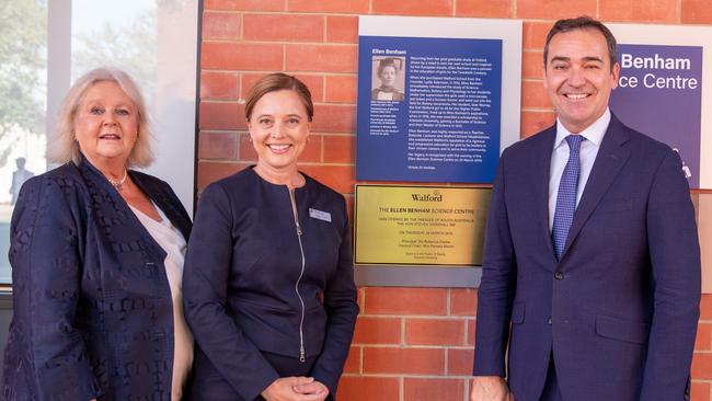 Walford principal Rebecca Clarke, flanked by school council chair Pamela Martin and former premier Steven Marshall at the opening of the school’s new science centre. Picture: Supplied