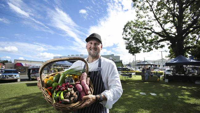 Matt Golinski with fresh fruit and vegetables (from the Mary Valley Country Harvest Co-Operative) at the Gympie Growers Markets. Pic Mark Cranitch.