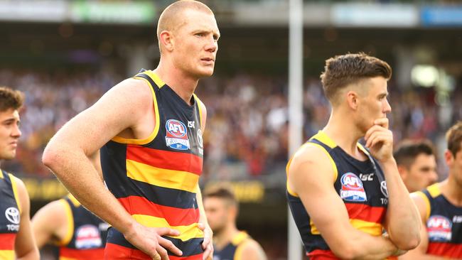 Adelaide players react after the final siren. Picture: Getty Images