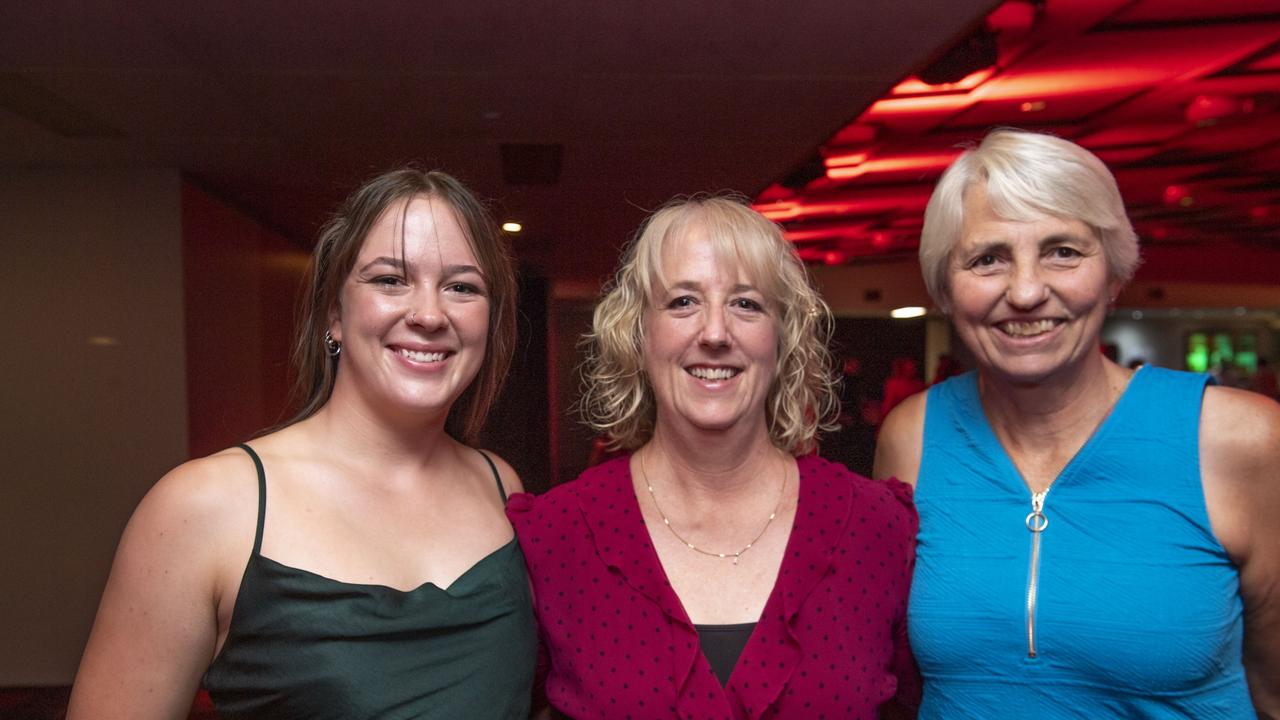 (from left) Emma Stevens, Megan Stevens and Bronwyn Hitchener. Sports Darling Downs Sports Stars of the Year dinner. Saturday, February 11, 2023. Picture: Nev Madsen.