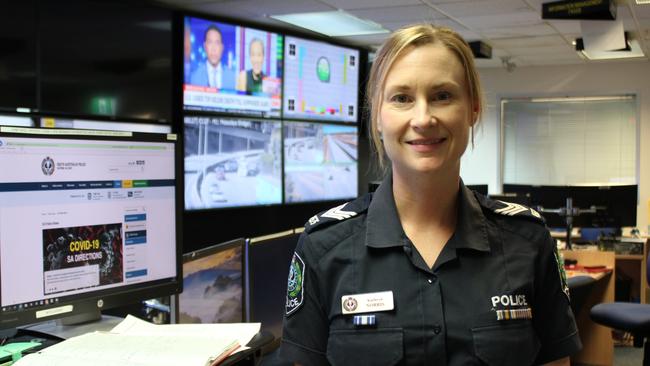 Sergeant Kathryn Norris is working in the operations centre, helping co-ordinate the state's response to COVID-19. Picture: SA Police