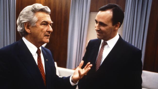 Paul Keating and Bob Hawke, in the Prime Minister’s Office, on one of their last days in Old Parliament House in 1988. Picture: Museum of Australian Democracy, Old Parliament House