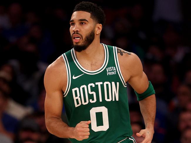 NEW YORK, NEW YORK - OCTOBER 25: Jayson Tatum #0 of the Boston Celtics celebrates in the fourth quarter against the New York Knicks at Madison Square Garden on October 25, 2023 in New York City. NOTE TO USER: User expressly acknowledges and agrees that, by downloading and or using this photograph, User is consenting to the terms and conditions of the Getty Images License Agreement. (Photo by Elsa/Getty Images)