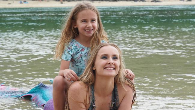 Jaime the Mermaid and birthday girl Tiah at Tallebudgera Creek