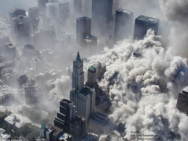 An aerial photograph of the collapsing World Trade Center. Picture: ABC News