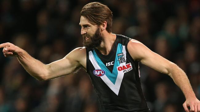 Justin Westhoff will play in the ninth final of his AFL career when the Power hosts West Coast in the elimination final at Adelaide Oval on Saturday night. Picture: James Elsby (Getty).