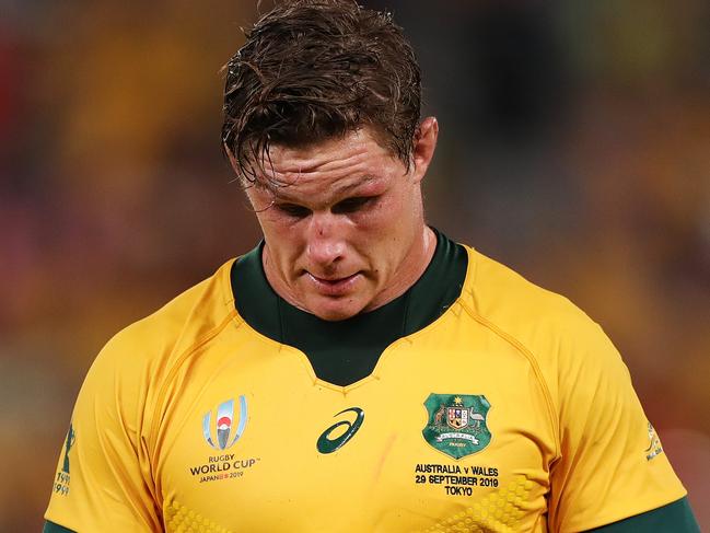 CHOFU, JAPAN - SEPTEMBER 29: Michael Hooper of Australia reacts following his team's defeat in the Rugby World Cup 2019 Group D game between Australia and Wales at Tokyo Stadium on September 29, 2019 in Chofu, Tokyo, Japan. (Photo by Dan Mullan/Getty Images)