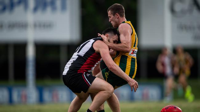 Dylan Barry and Mitch Pulmer in the Southern Districts vs PINT 2023-24 NTFL men's elimination final. Picture: Pema Tamang Pakhrin