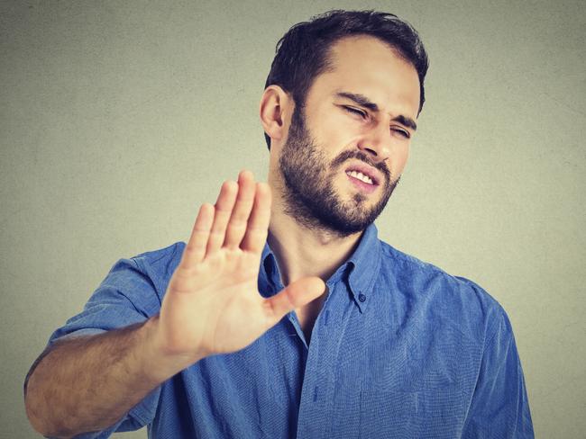 RendezView. Offended. Portrait disgusted young man. Negative human emotion. Talk to the hand.