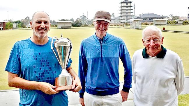 CROQUET CHAMPION: Ballina croquet player, Mike Gidding, wins Victorian State Croquet Championship, Here, Mike holds the trophy, with Victorian player and runner-up Greg Hill and referee Mike Cohn.