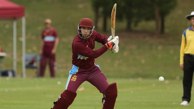 Marcellin OC batsman Lachlan Evans gets on the front foot on Saturday. Picture: Stuart Milligan