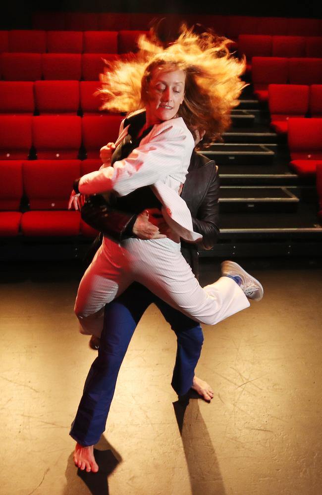 Gavin Webber and Kate Harman, artistic directors of The Farm, rehearsing at HOTA for "Stunt Double". . Picture Glenn Hampson