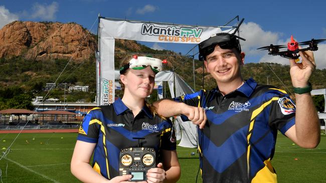 Army cadet drone pilots Ruby Congdon and Bruno Hickey at the Townsville Sports Reserve. Picture: Evan Morgan