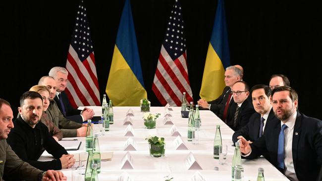 US Vice President JD Vance, US Secretary of State Marco Rubio (2nd R) and Ukrainian President Volodymyr Zelensky (L) meet on the sidelines of the 61st Munich Security Conference (MSC) in Munich on February 14. Picture: AFP.