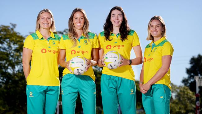 L to R, Courtney Bruce, Cara Keenan,  Ash Ervin, Liz Watson, after Anika Wells announcing funds for Origin Australian Diamonds, Downey Park Netball Association, on Friday 7th June 2024 - Photo Steve Pohlner