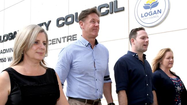 L to R, Lisa Bradley Div 1, Darren Power Div 10, Jon Raven Div 5, Laurie Koranski Div 4, they are the four "good guy" Logan councillors that will to be sacked today when the QLD Government sacks the entire council, Logan, on Thursday May 2nd, 2019 (Image AAP/Steve Pohlner)