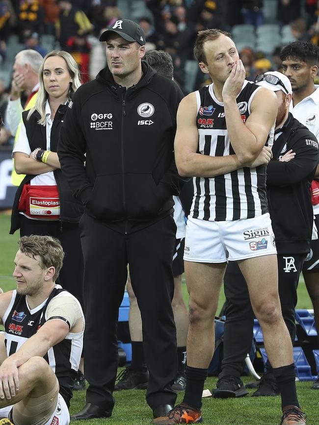 Port coach Matthew Lokan and captain Cameron Sutcliffe after losing this year’s SANFL grand final. Picture SARAH REED