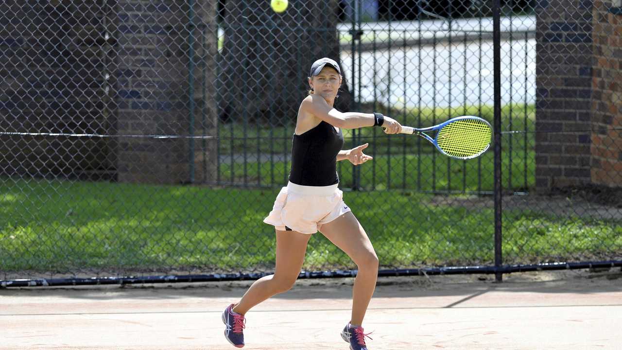 TOP SHOT: Kaylah McPhee hits a forehand during the Silver Cup final against Olivia Gadecki as part of Easter Gold Cup tournament at Toowoomba Tennis Association. McPhee won the final in three sets 5-7, 7-6 (7-2), 6-1. Picture: Kevin Farmer