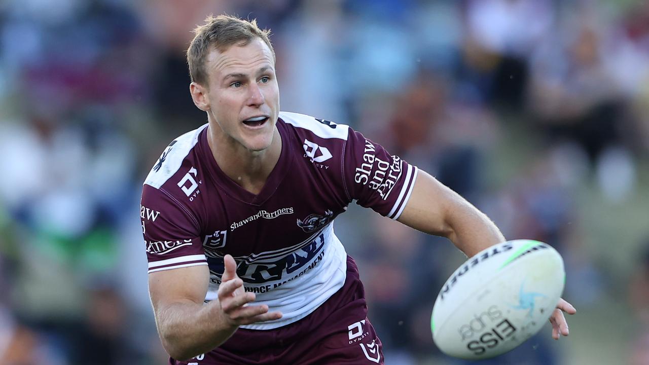 BATHURST, AUSTRALIA - MAY 01: Daly Cherry-Evans of the Sea Eagles offloads the ball during the round eight NRL match between the Penrith Panthers and the Manly Warringah Sea Eagles at Carrington Park on May 01, 2021, in Bathurst, Australia. (Photo by Matt Blyth/Getty Images)