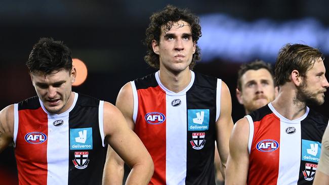 MELBOURNE, AUSTRALIA - MAY 14: Max King and his Saints team mates look dejected after losing the round 9 AFL match between the St Kilda Saints and the Geelong Cats at Marvel Stadium on May 14, 2021 in Melbourne, Australia. (Photo by Quinn Rooney/Getty Images)