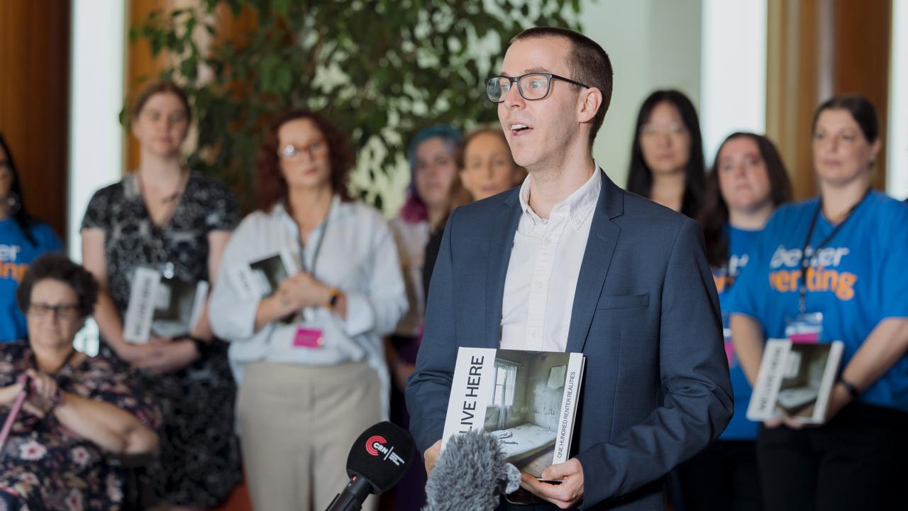 Better Renting Executive Director Joel Dignam at a press conference at Parliament House in Canberra. Picture: David Beach
