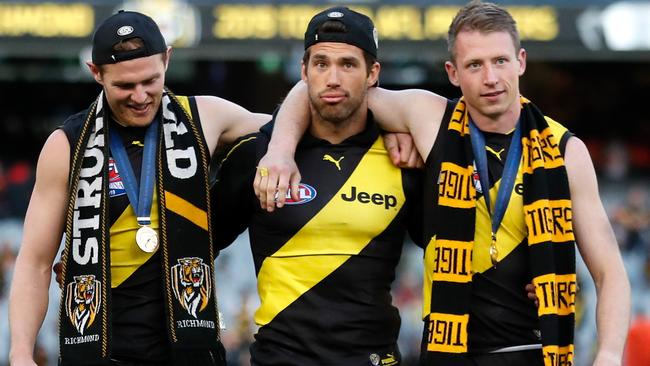 David Astbury, Alex Rance and Dylan Grimes after the 2019 Grand Final.