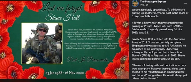 Memorial post for Private Shane Holt posted by The Pineapple Express on November 20, 2020, with family’s permission