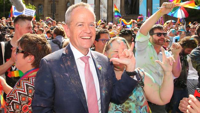 Leader of the Opposition Bill Shorten celebrates as the result of the same-sex marriage postal survey is announced. Picture: Scott Barbour/Getty Images.