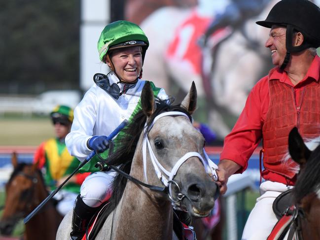 Kayla Crowther returns to the mounting yard at Sandown after winning aboard exciting prospect Terbium in February. Picture: Pat Scala/Racing Photos via Getty Images