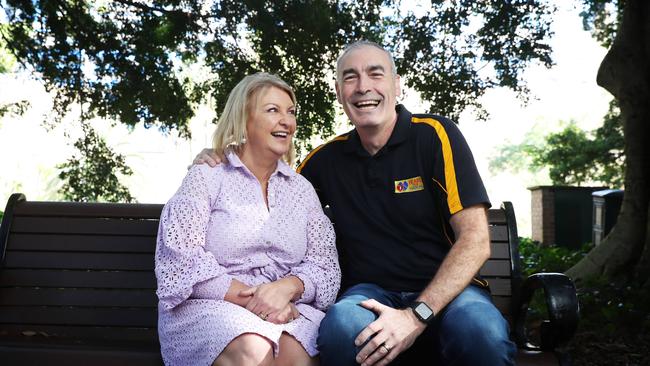 Original Yellow Wiggle and sudden cardiac arrest survivor Greg Page and the woman who was first on scene back in 2020, Kim Antonelli, at Hyde Park, Sydney. Picture: John Feder/The Australian