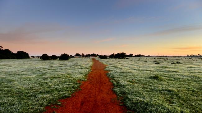 Frost on the ground at the Munno Para wetlands ar sunrise. Picture: Sam Wundke