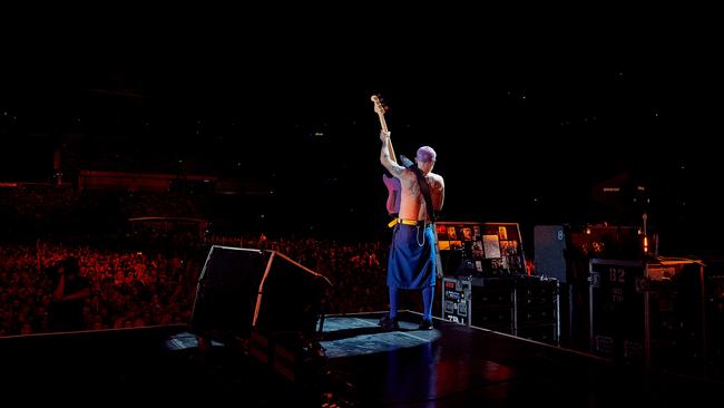 Flea salutes on Sunday night. Picture: David Mushegain