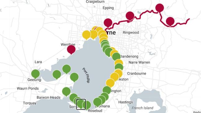 Water quality forecasts have marked many spots along Port Phillip Bay as ‘may not be suitable for swimming’. Picture: EPA