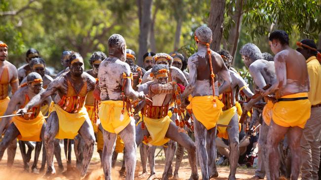 Gumatj clan dancers perform at the funeral service of Yunupingu in northeast Arnhem Land. Picture: Peter Eve / Yothu Yindi Foundation