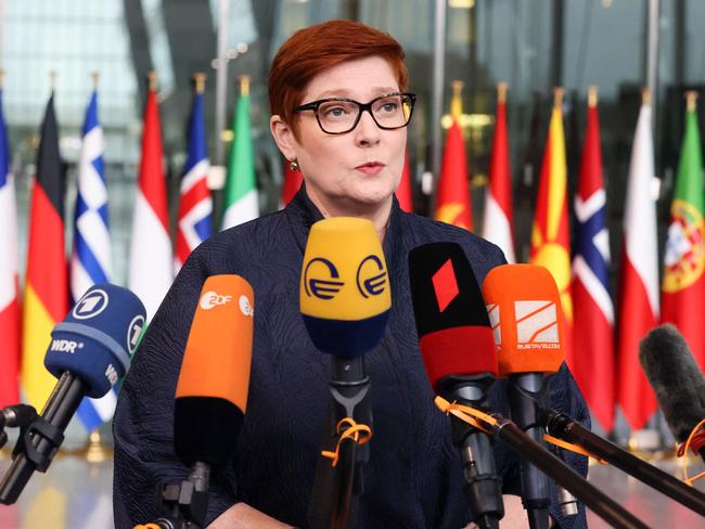 Australian Foreign Minister Marise Payne speaks to the press as she arrives for a meeting of NATO foreign ministers at NATO headquarters, in Brussels. Picture: AFP