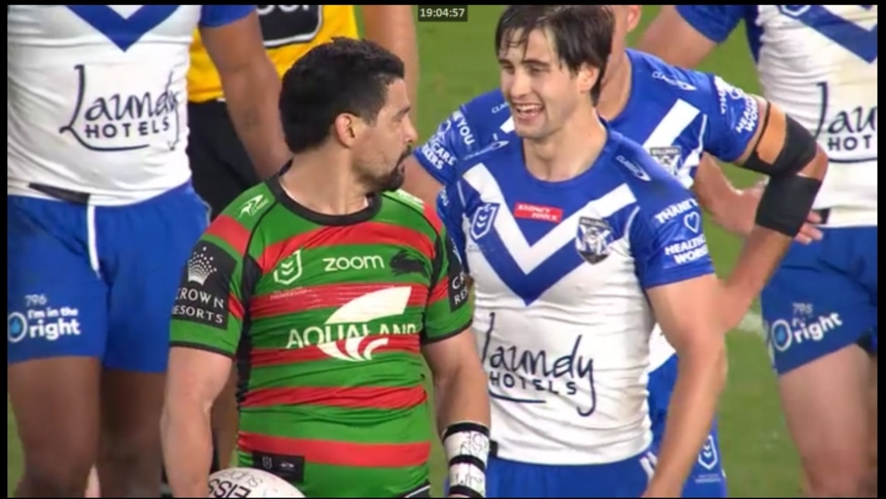 Canterbury's Lachlan Lewis trades barbs with Cody Walker as they walk off at halftime. Source – Fox Sports