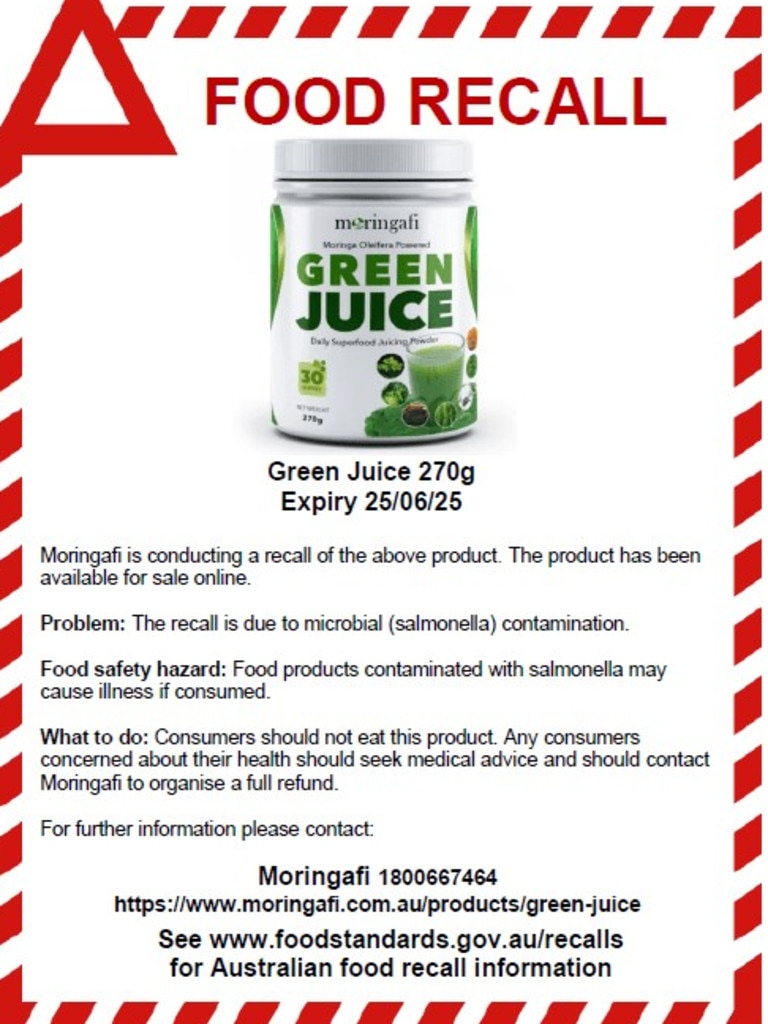 The Moringafi green juice has been recalled over a salmonella contamination. Picture: Food Standards Australia and New Zealand.