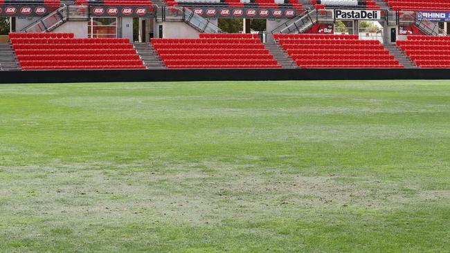 16/02/18 Poor pitch condition at Hindmarsh Stadium after last nights AFLX event. photo Calum Robertson