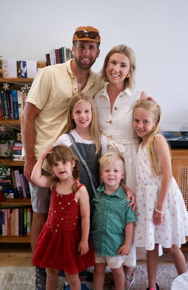 The Spies family, from Noosa on the Sunshine Coast. Lewis, 34, with his wife Janelle, 33, and their children, Myla, 10, Azalea, 9, Elsie, 5, and Zeke, 4. Picture: Supplied