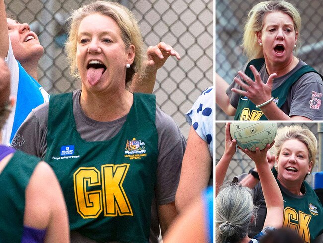 Bridget McKenzie taking part in the annual Press v Pollies netball game at Parliament House. Picture: Gary Ramage