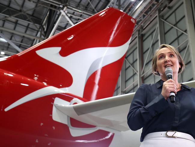 Vanessa Hudson, chief executive officer of Qantas Airways Ltd., speaks during a news conference in Sydney, Australia, on Thursday, Feb. 22, 2024. Qantas Airways said first-half profit declined as airfares fell from their post-Covid spike, and new Chief Executive Officer Hudson increases spending to help restore the airline’s tarnished reputation. Photographer: Brendon Thorne/Bloomberg