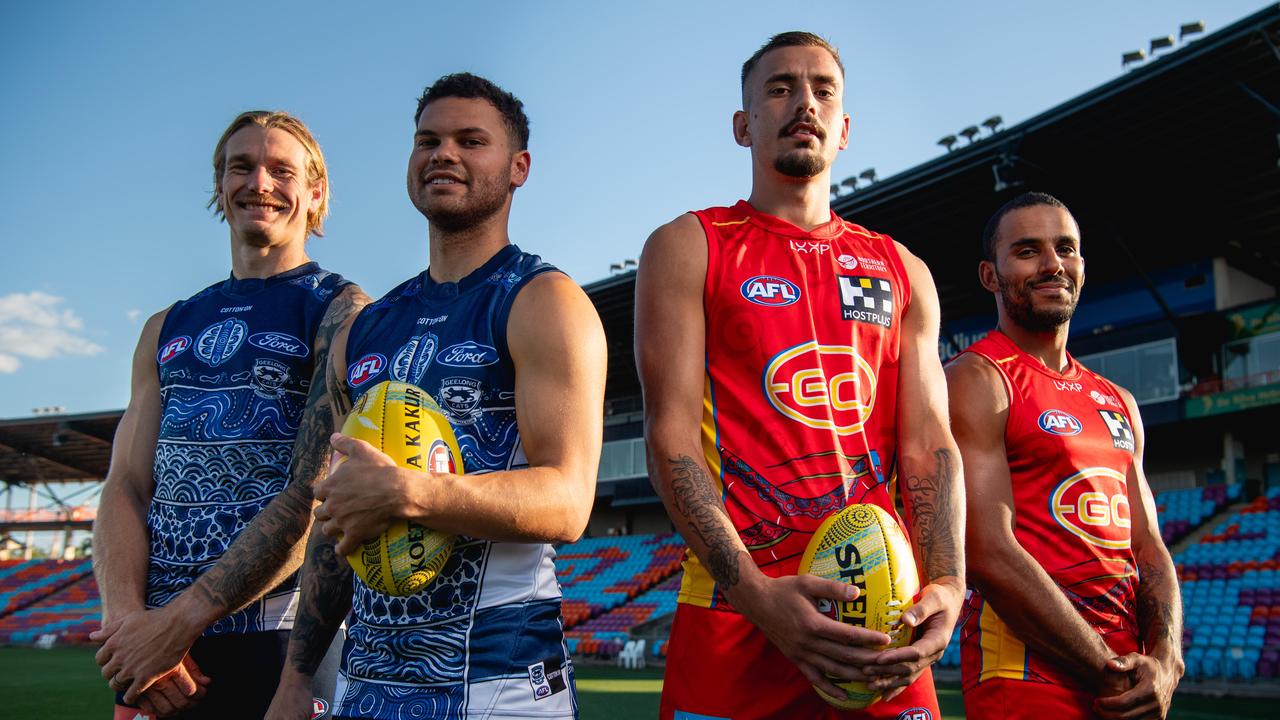 Ready for Thursday night’s battle are (from left) Geelong pair Tom Stewart and Brandan Parfitt and Gold Coast duo Joel Jeffrey and Touk Miller. Picture: Pema Tamang Pakhrin