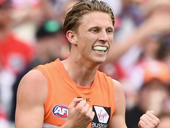 SYDNEY, AUSTRALIA - SEPTEMBER 10: Lachie Whitfield of the Giants celebrates kicking a goal during the AFL 1st Qualifying Final match between the Sydney Swans and the Greater Western Sydney Giants at ANZ Stadium on September 10, 2016 in Sydney, Australia. (Photo by Quinn Rooney/Getty Images)