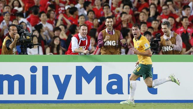 James Troisi goes wild after scoring his Asian Cup final-winning goal for Australia.