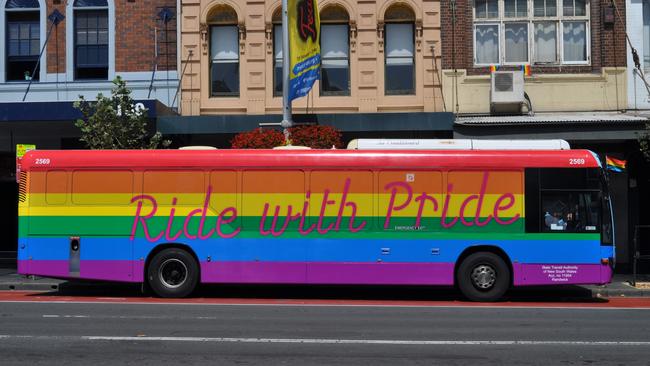 For the first time a rainbow decorated State Transit bus has taken to the streets of Sydney to celebrate the annual Gay and Lesbian mardi gras festival.